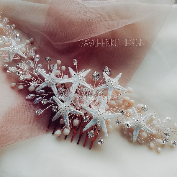 Coral beach wedding hair accessories Starfish hair comb with peach beads Mermaid hair piece Starfish hairpiece Mermaid costume Seashell hair