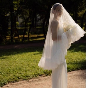 Ruffle veil with blusher Veil with ruffles Frill tulle veil modern wedding veil ruched tulle veil bridal veil Drop Veil Unique Wedding Veil