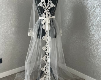 Sheer Lace Silk Robe Full Lace Bridal Robe White Lace Embroidered Bride Robe Getting ready Lace Robe Satin Nightgown Robe Bride & Honeymoon
