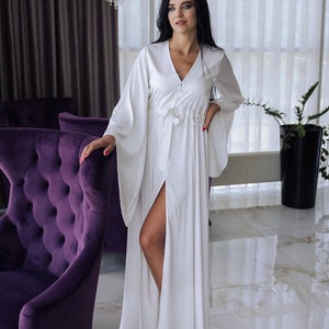 Bridal robe with wide sleeves Satin silk boudoir robe Bridesmaid gift Long Silk Robe Bridal Lace lingerie bridal dressing gown Sheer robe