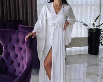 Bridal robe with wide sleeves Satin silk boudoir robe Bridesmaid gift Long Silk Robe Bridal Lace lingerie bridal dressing gown Sheer robe