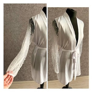 Pearl Wedding Bridal Robe Bridal Robe with Pearl Sleeves kimono robe with pearls boudoir robe Pearl Maternity Robe Pearl Transparent Robe image 6