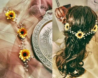 sunflower bridal headpiece Rustic bridal hair piece Crystal hair vine Wedding hair accessories Bridal Headpiece yellow floral crown jewelry