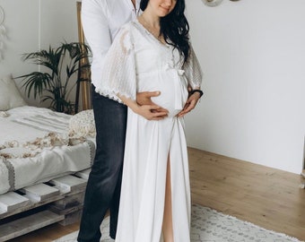 Boho Lace Maternity Dress French Sheer Tulle Robe Baby Shower Gown Sheer Lace Silk Robe White Lace Robe ivory robe with train Bridal Kimono