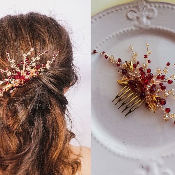 Burgundy Gold Hair piece burgundy hair accessories Bugundy Hair Wedding headpiece Babys breath hair Crystal hair pins Marsala Bridal Hair Co