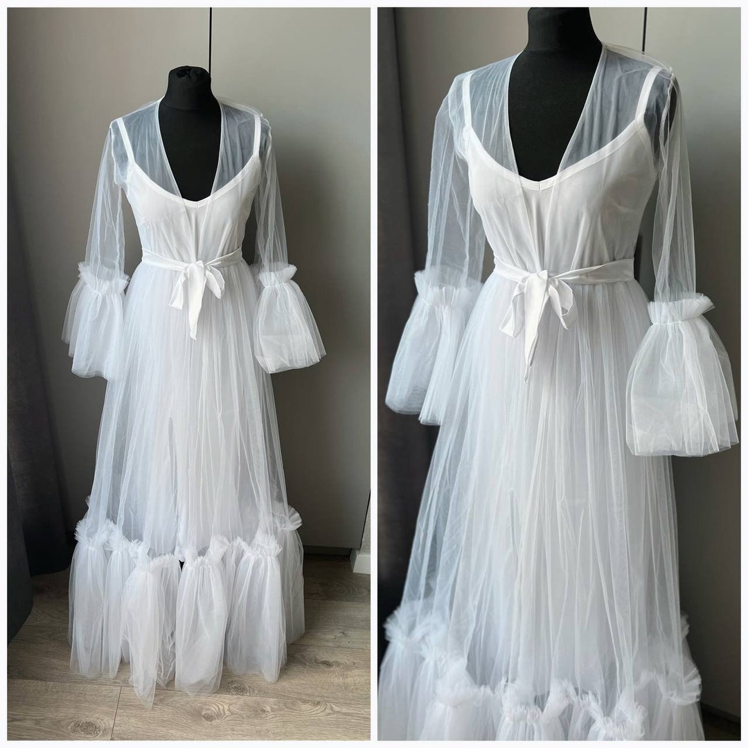 Bridal Robe Ruffle Tulle Bridal Robe Ruffled Sleeves Robe Maternity Dress for Photo Shoot ...