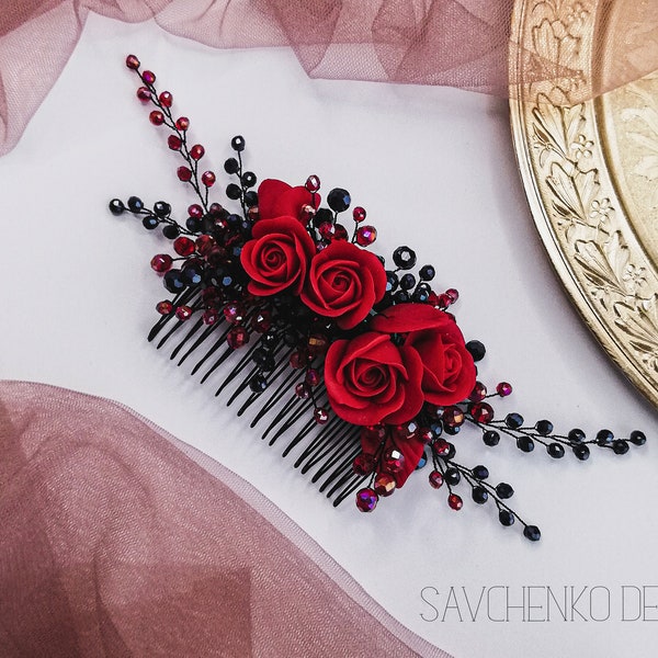 red and black wedding hair accessories burgundy bride headpieces red hair piece Bridal hair vine floral wedding comb Halloween costume