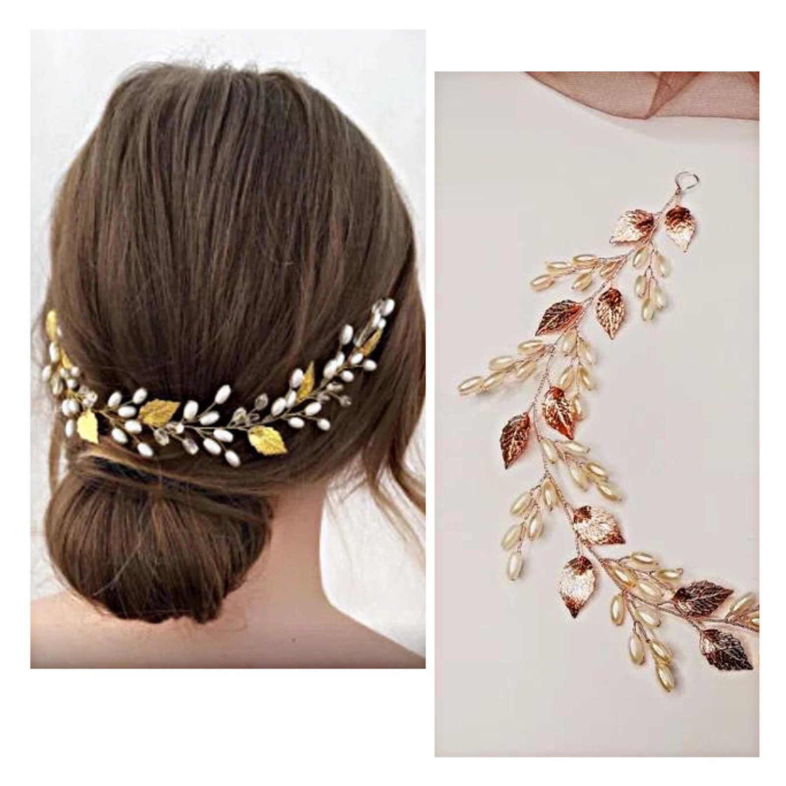 Gold Leaf Bridal Headband: Pearl Hair Vine, Boho Wedding  display picture 3