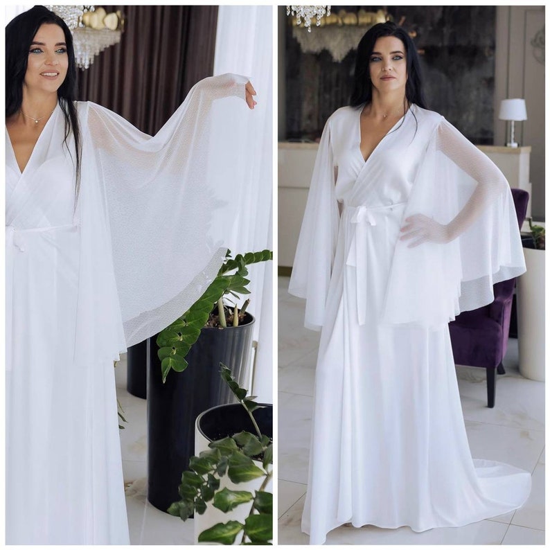 Sheer Bridal Robe: Wide Sleeve Maxi Robe With Train - Etsy