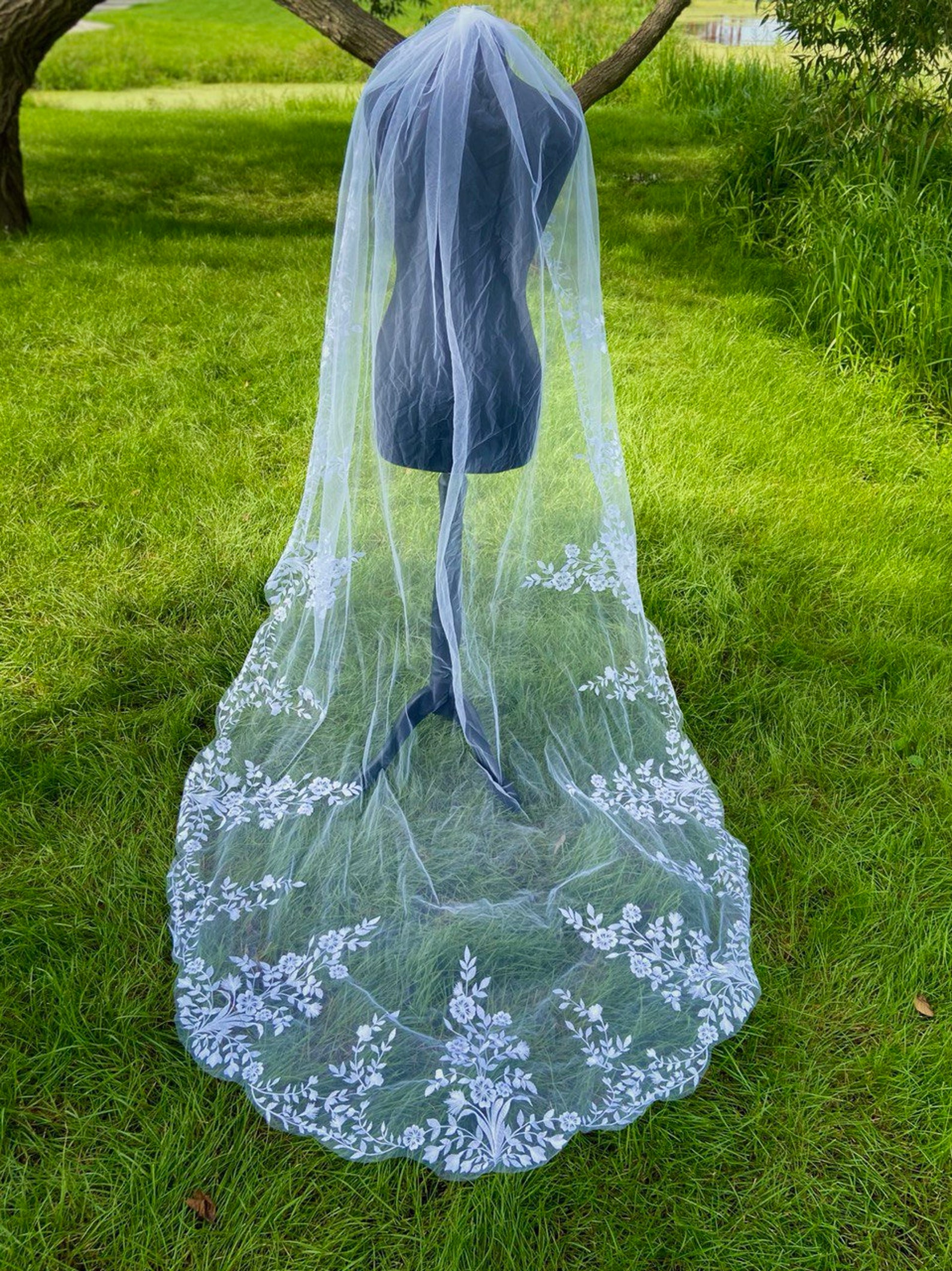 Cathedral Veil With Flowers Flower Wedding Veil White Etsy