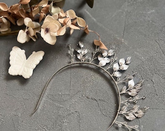 Silver Leaf Bridal Headband: Greek Goddess Tiara, Crystal Hair Vine