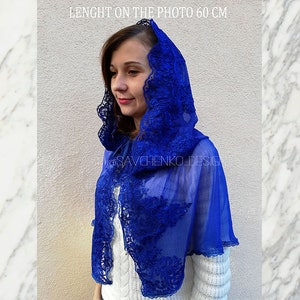 Blue wedding lace cape with hood|bridal hooded cloak|catolic chapel veil|mantilla for mass|1970s hood cape|bride cape with head|spanish veil
