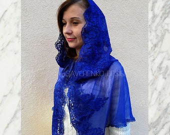 Blue wedding lace cape with hood|bridal hooded cloak|catolic chapel veil|mantilla for mass|1970s hood cape|bride cape with head|spanish veil