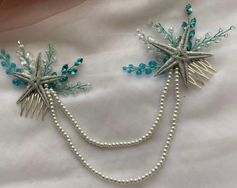 Copricapo a conchiglia blu acqua, accessorio per capelli da sposa in spiaggia, pettine per capelli da sirena, pettine per capelli da spiaggia, copricapo da sposa, accessori per capelli a stella marina per la sposa