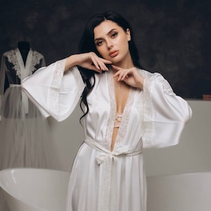 Bridal Lace Robe Wedding Day Robe bridal party robe White boudoir robe Long silk robe Bridal robe with wide sleeves Maxi bridal classic robe