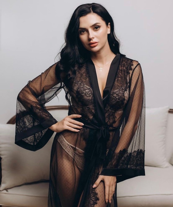 Black Lace Robe Silk Lace Bridal Party Robes Sheer lace robe Gothic Long Black Lace Robe lace bridal robe  lace night robe Black wedding
