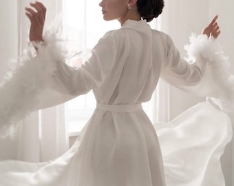 Feather robe with train Long silk feather robe kimono Feather Satin Luxe Robes Feather Bridal Robe Sheer Wedding Robe Boudoir Feather Robe