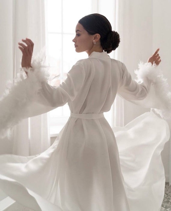 Feather robe with train Long silk feather robe kimono Feather Satin Luxe Robes Feather Bridal Robe Sheer Wedding Robe Boudoir Feather Robe