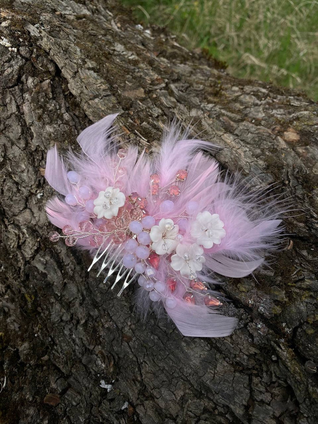 Pink Feather Hair Comb Wedding Flower Piece Floral Hair  display picture 3