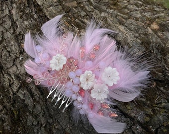 Pink Feather Hair Comb Flower Hair Piece Wedding Side Hair Accessories Vintage Hir Comb small pink fascinator headband pink fascinator clip