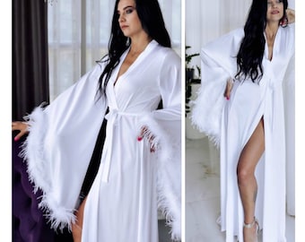 Luxe bruidsgewaad Verengewaad met trein Zijden verengewaad Witte verengewaad Boudoirgewaad bruidsjurk klaarmaken bruiloftslingerie