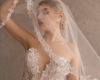 Floral Cathedral Wedding Veil: 3D Flower Embroidery, Boho Bridal Veil