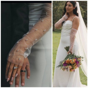 Long Tulle Wedding Gloves Pearl mitts pearls bridal fingerless gloves Wedding Dress Arm Cover  Gathered Tulle Sleeves with Pearls