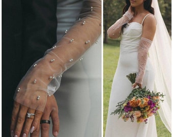 Bridal Gloves Sheer Pearl Tulle Wedding Gloves Pearl Tulle Wedding Gloves Bridal Fingerless Sleeves Fingerless Wedding Sleeves