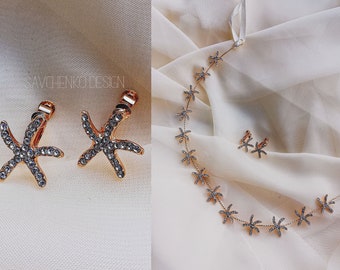 Gold Starfish Hair Vine and Earring Set: Bridal Beach Wedding Jewelry