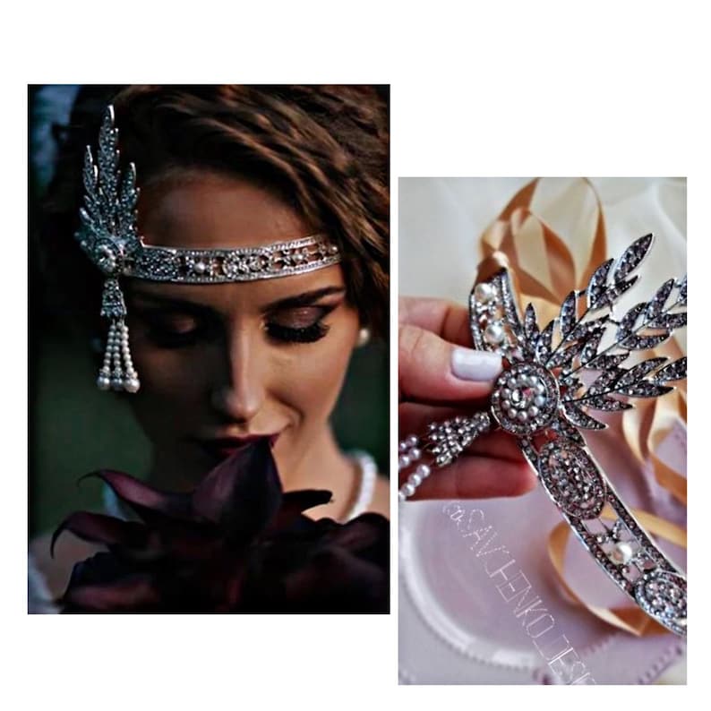 May include: A silver headband with a pearl and crystal design. The headband has a leaf-like design on one side and a dangling pearl tassel on the other.