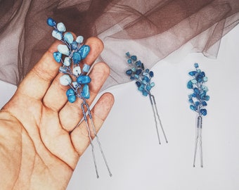 set of 3 beach wedding hair pins Something blue hair piece Natural gemstones headpiece Light Blue Quartz crystal hair accessory