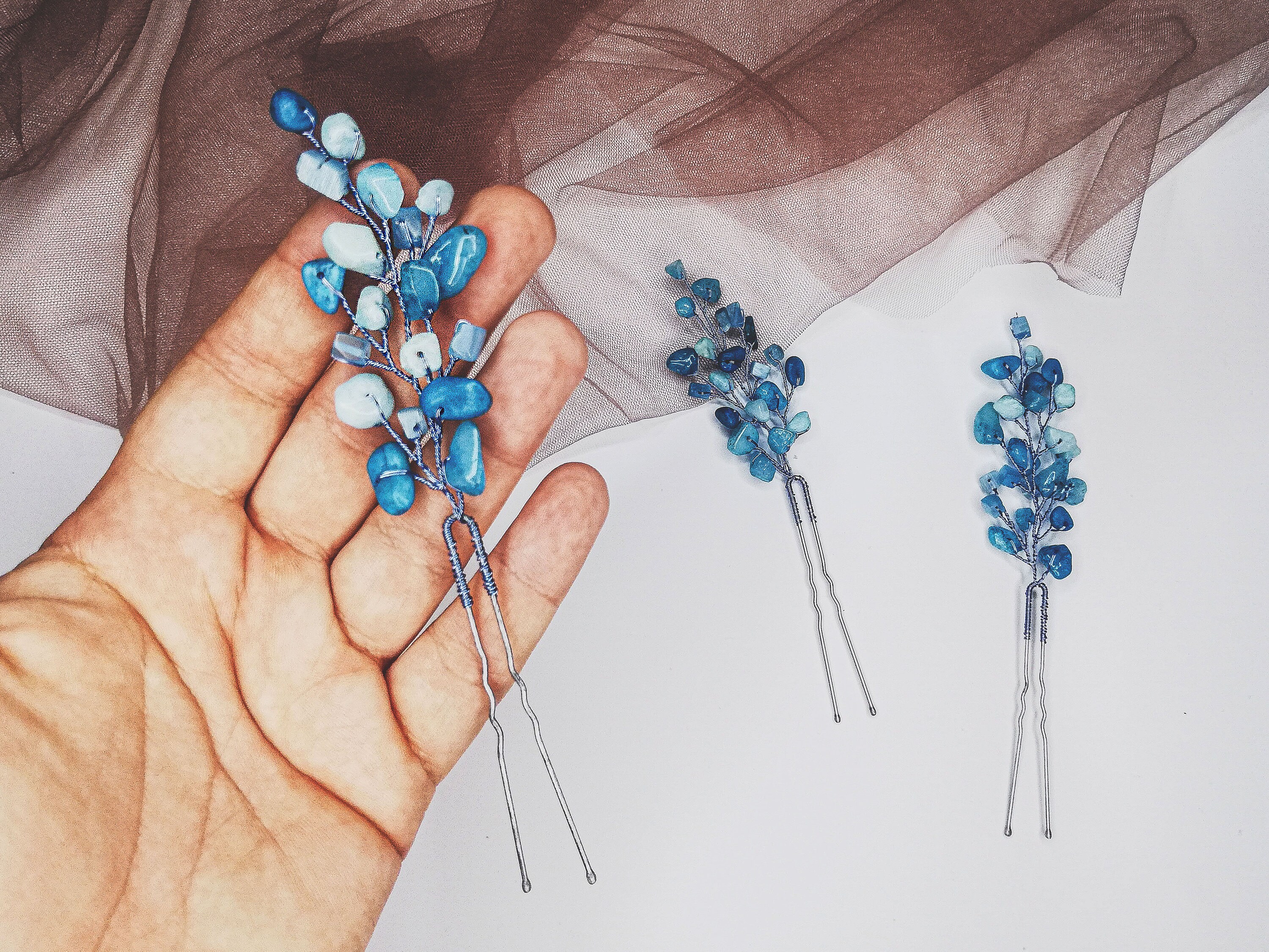 beach wedding hair pins Something blue hair piece Natural gemstones headpiece Light Blue Quartz crystal hair accessory