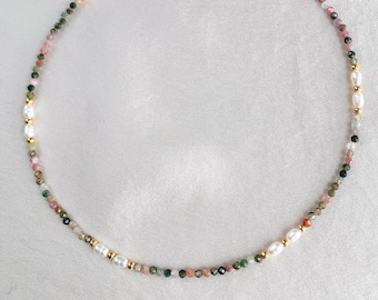 Multi-colour Tourmaline and Freshwater Pearl Beaded Necklace • 18k Gold Dainty Natural Stone Choker • Healing Stone Christmas Gift for Her