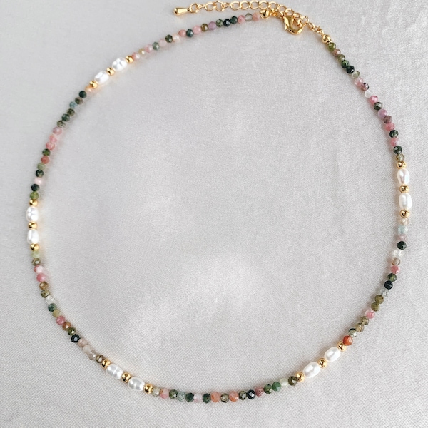 Multi-colour Tourmaline and Freshwater Pearl Beaded Necklace • 18k Gold Dainty Natural Stone Choker • Healing Stone Christmas Gift for Her
