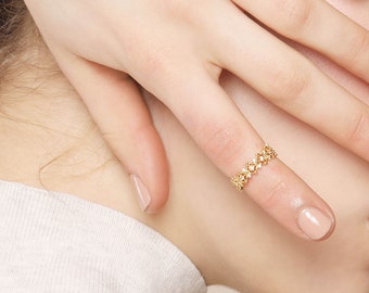 18K Gold Midi Ring with Clear CZ Crystals • Silver Midi Ring for Women • Dainty Rose Gold Pinky Ring • Vintage Style Lace Ring gift for Her