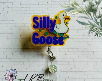 Silly Goose Glitter Badge Reel | Interchangeable | Retractable | Beaded Badge Reel | Nursing Badge Reel | Office Badge Reel