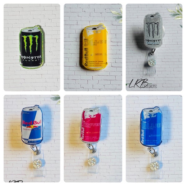 Energy Drink Can Badge Reels | Retractable ID Holder | Fun Nurse Badge Charm | Handmade Gift | Soda Pop Lovers | Teacher Lanyard |Caffeine