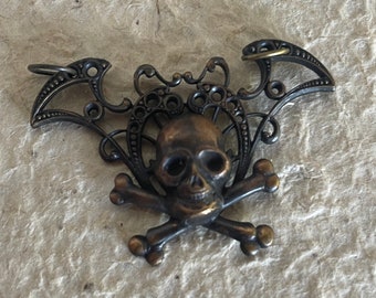 DESTASH Handmade Artisan Brass Skull and Crossbones Focal Pendant Connector Gothic Dark