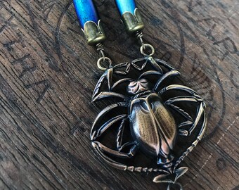 Handmade Artisan French Brass Stamping Necklace With Spider Scarab Necklace with Blue and Black Premium Czech Glass Beads