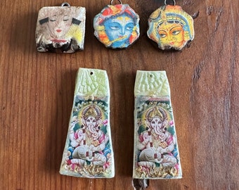 DESTASH LOT of Handmade Ceramic and Polymer Clay Decal Pendants Charms Rustic Organic Artisan