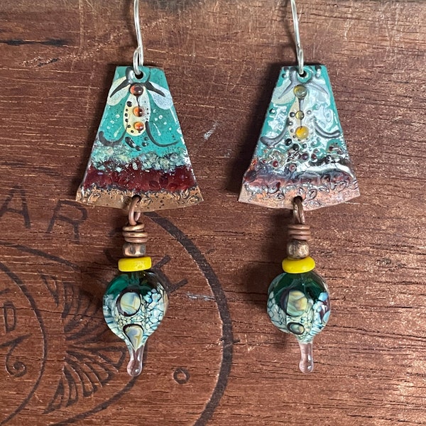 Handmade Artisan Earrings Featuring Verre et Quivre Enamelled Pendants with Handmade Lampwork Glass Drops