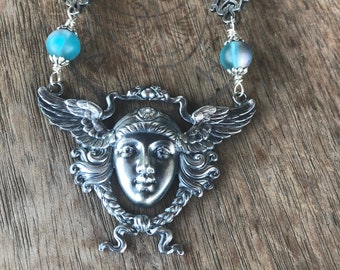 Classical Silver Winged Hermes Pendant Necklace with Art Nouveau Links and Mystical Glass Beads