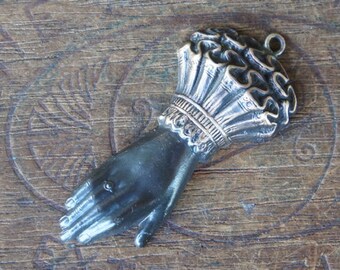 Vintage French Brass Stamping/Antique Style/Dark Patina/Ladies Cuffed Hand/Pendant/Earring Component/French Findings
