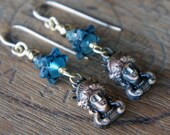 Artisan Boho Earrings with Classical Greek Goddess Woman Face French Brass Drops and Czech Glass Beads