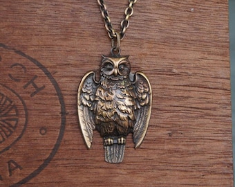 Antique Style Art Nouveau French Owl Necklace French Brass Stamping