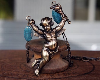 French Brass Cherub Cupid Necklace with Brass Chain and Earthy Blue Czech Glass Beads