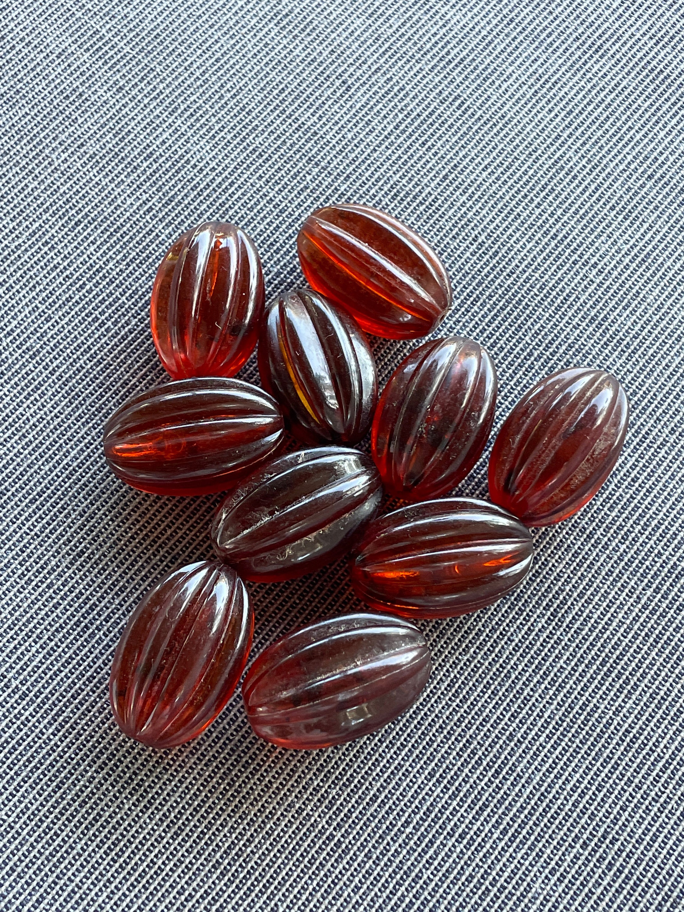 DESTASH PAIR Vintage Plastic Faux Amber Oval Melon Beads 2PC