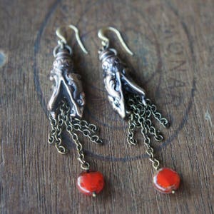 RESERVED FOR C Fierce Serpent Earrings with Chain Tassels and Dragon's Blood Red Bead image 3