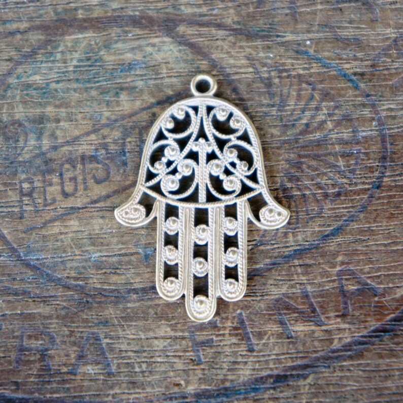 Vintage French Brass Stamping/Antique Style/Islamic/Hamsa Hand/Hand of Fatima/Filigree/French Findings/E14 image 2