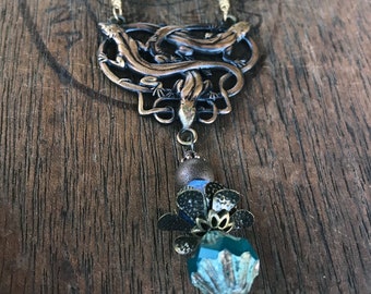 Handmade Artisan French Brass Stamping Necklace With Salamander Lizard Centrepiece Blue Luminous Czech Glass Beads